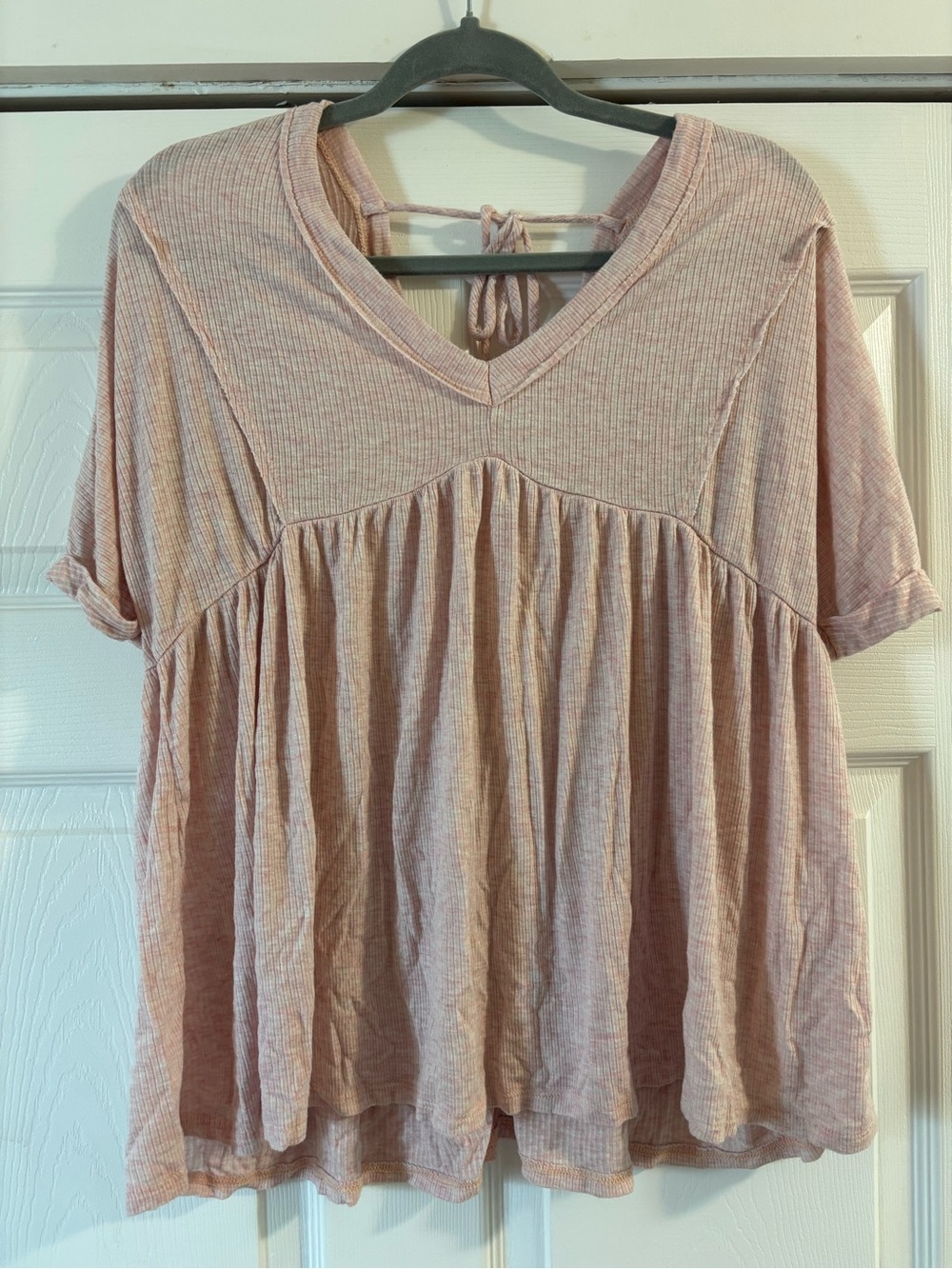 Pink Lily Blush Ribbed V-Neck Babydoll Tunic with Back Tie